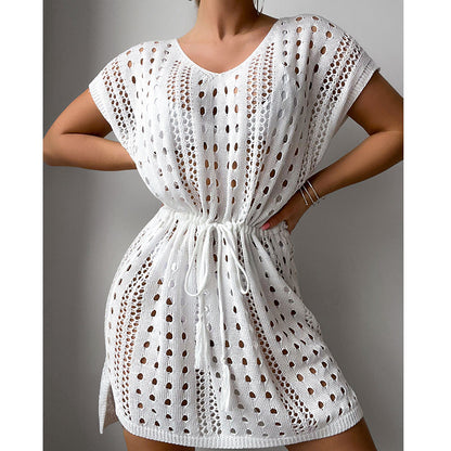 Women Clothes V Neck Hollow Out Cutout Drawstring Slit Sexy Beach Sun Protection Shirt Short Sleeve Loose Blouse Crochet hook
