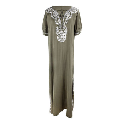 Rayon Army Green Short Sleeve Embroidered Beach Jacket Vacation Robe Beach Cover Up Outer Wear Dress Women