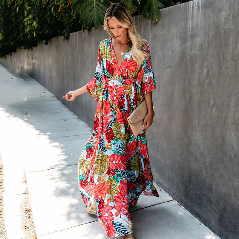 Large Floral Dress Sun Protection Clothing Beach Jacket Cardigan Bikini Swimsuit Blouse Outer Wear Women