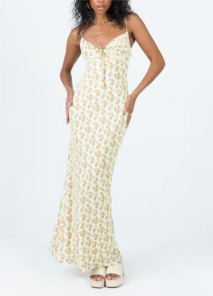 Sexy Deep V Plunge neck Lace up Floral Slip Dress Summer High Waist Slimming Vacation Maxi Dress
