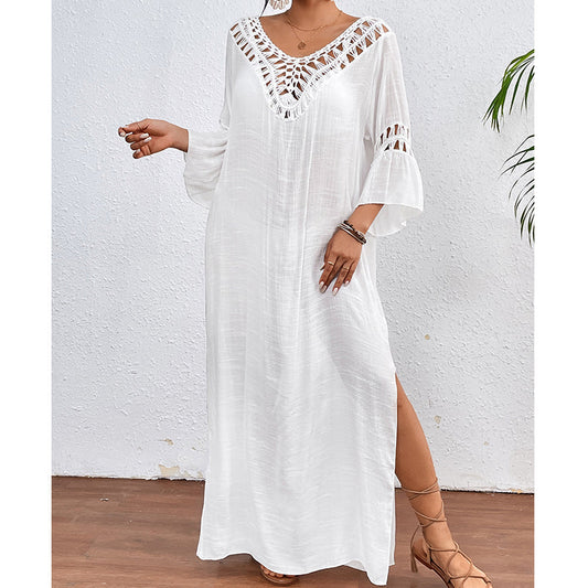 Women Hand Hook Stitching Colorful Ball Sexy Hollow Out Cutout Backless Loose Beach Long Cover Dress Crochet hook