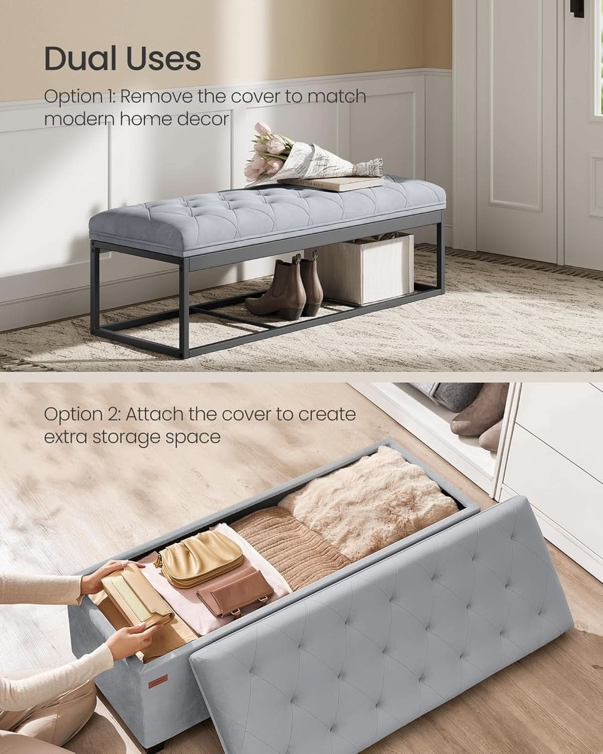 Dove Gray Velvet Storage Ottoman Bench 43 Inches Length