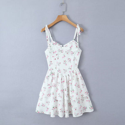 White Floral Strap Dress for Women Summer Sexy Sexy Pure Waist Tight Figure Flattering Puffy Dress