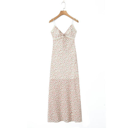 Spring French Pastoral Teenage Casual Suspender Dress V neck Lace Floral Maxi Dress