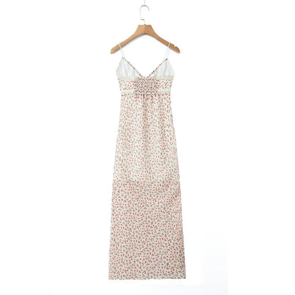 Spring French Pastoral Teenage Casual Suspender Dress V neck Lace Floral Maxi Dress