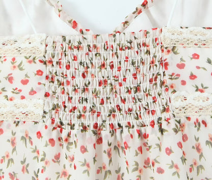 Spring French Pastoral Teenage Casual Suspender Dress V neck Lace Floral Maxi Dress
