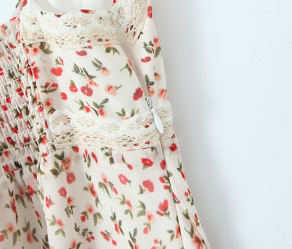 Spring French Pastoral Teenage Casual Suspender Dress V neck Lace Floral Maxi Dress