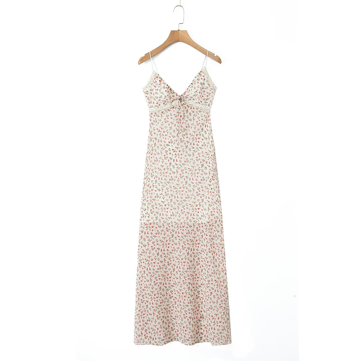 Spring French Pastoral Teenage Casual Suspender Dress V neck Lace Floral Maxi Dress