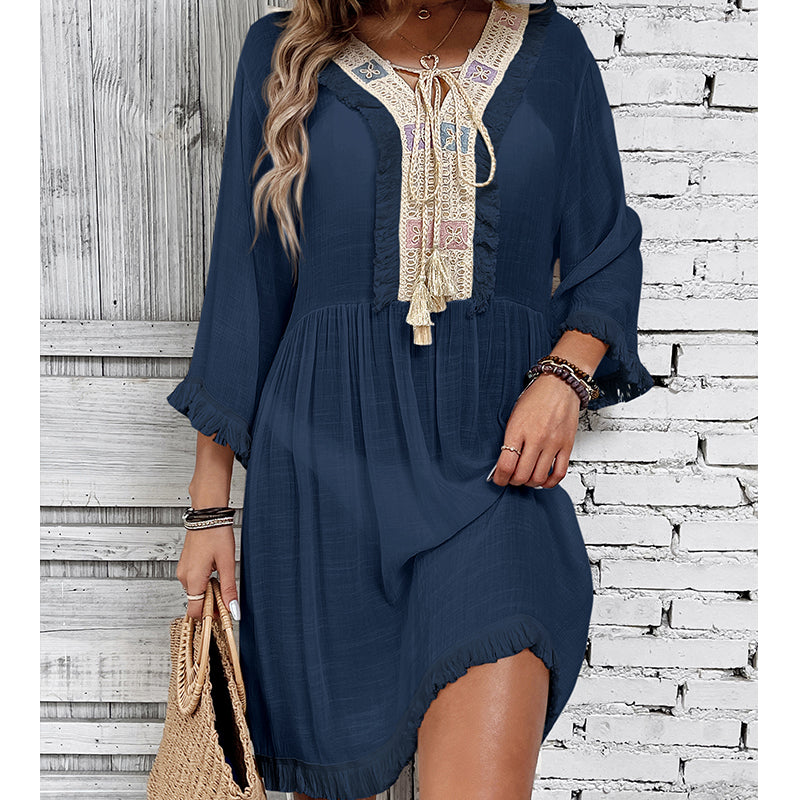 Women Clothing Holiday Neckline Lace Decorative Beach Blouse Holiday Sun Protection Loose Blouse Crochet hook