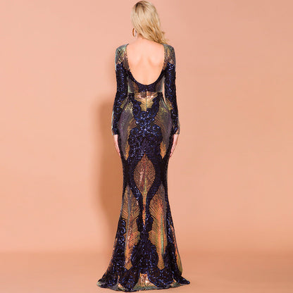 Evening Dress Women Spring Summer Stitching Mop Long Sequ Dress Ladies Formal Gown