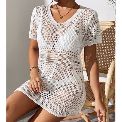 Women Clothes Sexy Cutout Short Sleeve Casual Bikini Cover Up Swimsuit Blouse Beach Sun Protection Shirt Crochet hook