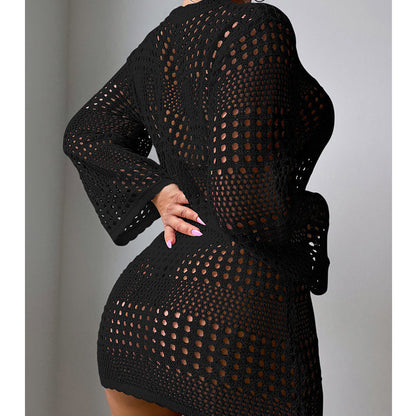 Vacation Casual Hollow Out Cutout Out Long Sleeve Pullover Solid Color Sun Protection Shirt Mid Length Beach Cover Up Crochet hook