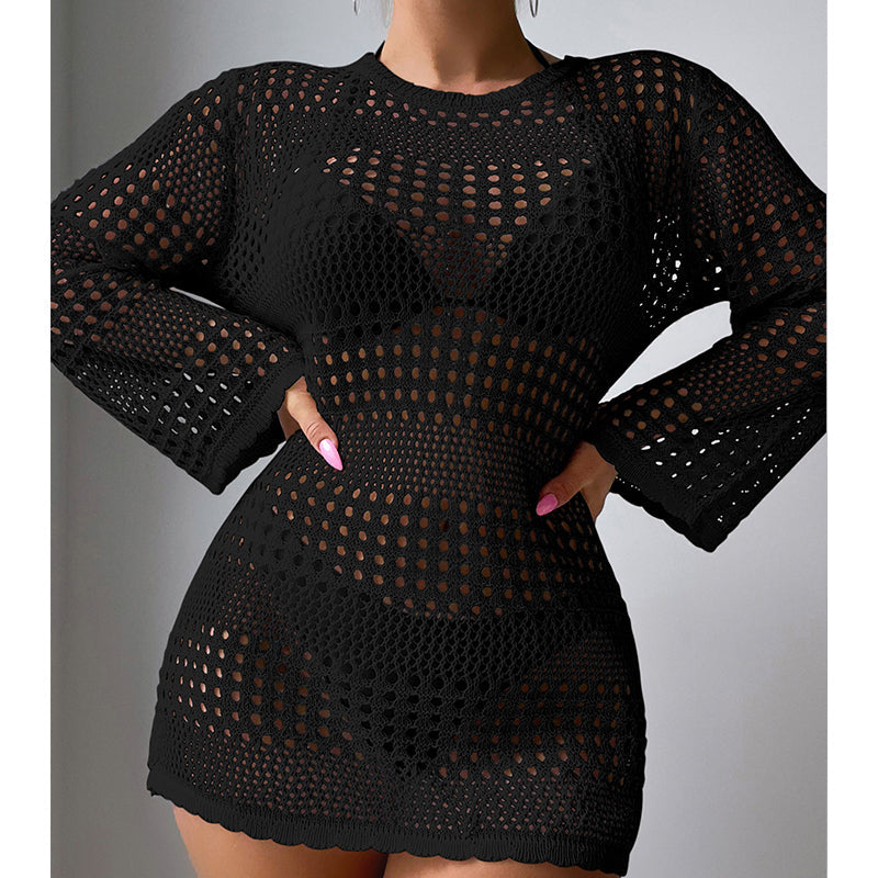Vacation Casual Hollow Out Cutout Out Long Sleeve Pullover Solid Color Sun Protection Shirt Mid Length Beach Cover Up Crochet hook