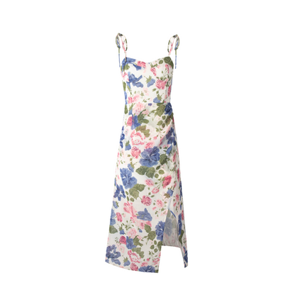 French Gentle Floral Print Cami Dress Summer Design Tight Waist Slim Pleated Split Dress