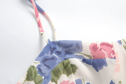 French Gentle Floral Print Cami Dress Summer Design Tight Waist Slim Pleated Split Dress