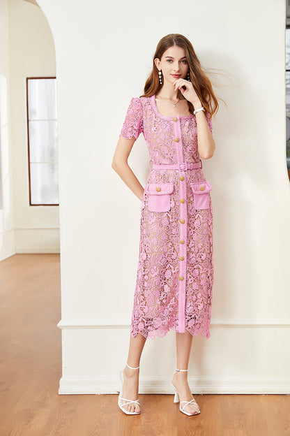 Summer Women Clothing Solid Color Lace Button Dress