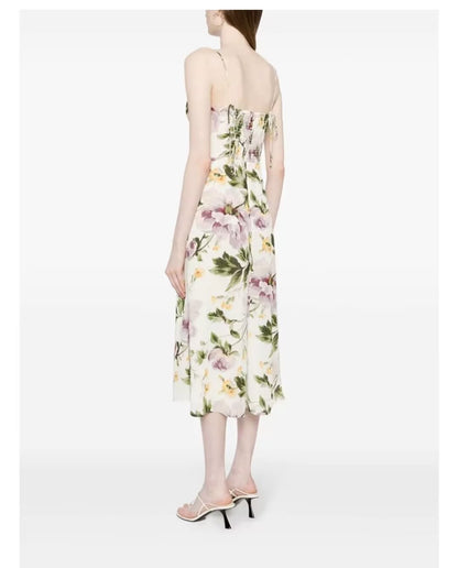 Summer French Vintage Floral Printed High Waist Sexy Side Split Hem Sling Dress
