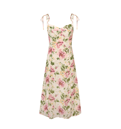 Summer French Vintage Floral Printed High Waist Sexy Side Split Hem Sling Dress