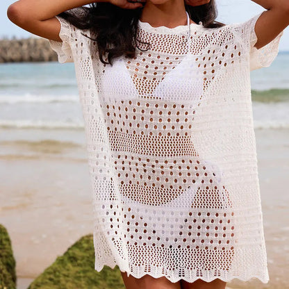 Sexy Hollow Out Cutout Texture Lace Collar Loose Pullover Mid Length Vacation Sun Protection Beach Blouse Crochet hook