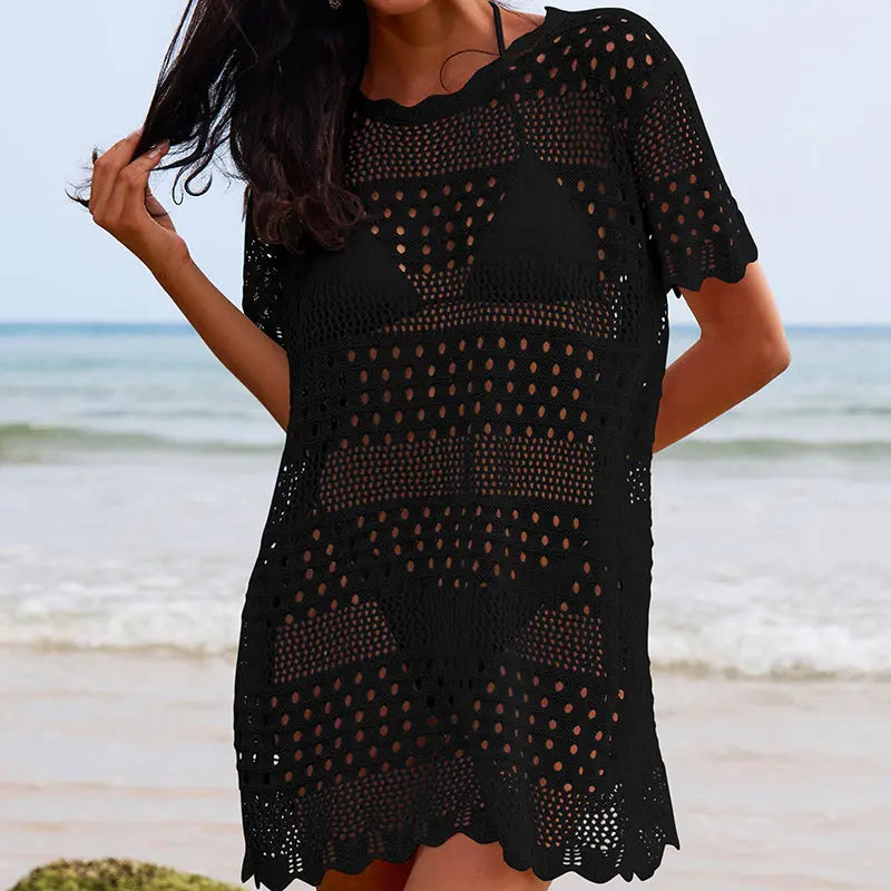 Sexy Hollow Out Cutout Texture Lace Collar Loose Pullover Mid Length Vacation Sun Protection Beach Blouse Crochet hook