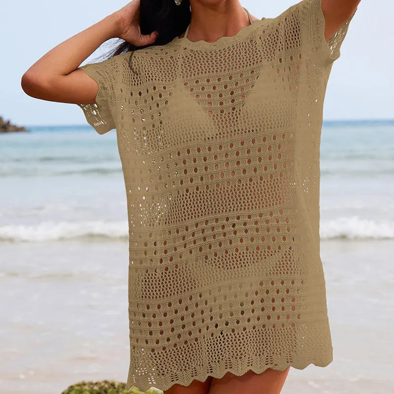 Sexy Hollow Out Cutout Texture Lace Collar Loose Pullover Mid Length Vacation Sun Protection Beach Blouse Crochet hook