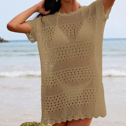 Sexy Hollow Out Cutout Texture Lace Collar Loose Pullover Mid Length Vacation Sun Protection Beach Blouse Crochet hook