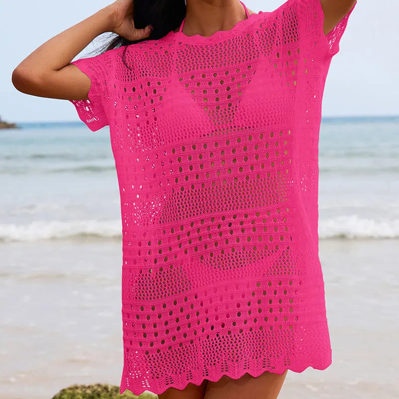 Sexy Hollow Out Cutout Texture Lace Collar Loose Pullover Mid Length Vacation Sun Protection Beach Blouse Crochet hook