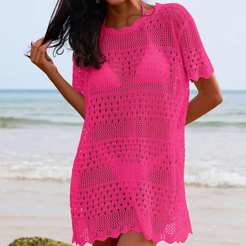 Sexy Hollow Out Cutout Texture Lace Collar Loose Pullover Mid Length Vacation Sun Protection Beach Blouse Crochet hook