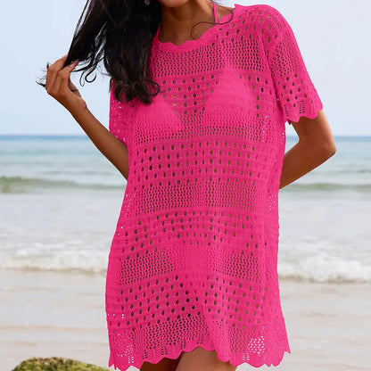 Sexy Hollow Out Cutout Texture Lace Collar Loose Pullover Mid Length Vacation Sun Protection Beach Blouse Crochet hook