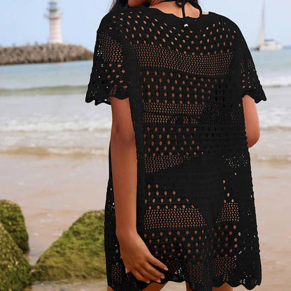 Sexy Hollow Out Cutout Texture Lace Collar Loose Pullover Mid Length Vacation Sun Protection Beach Blouse Crochet hook