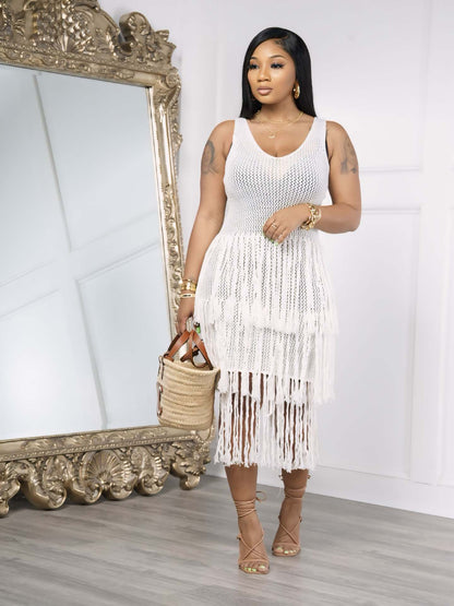 Summer Knitted Hand Hook Beach Tassel Mesh Blouse Dress