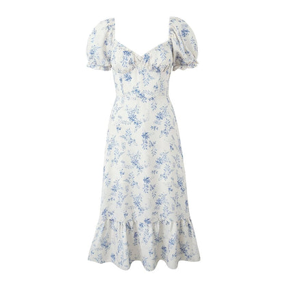 Summer Women Clothing Square Collar Puff Sleeve French Floral Dress Boning Corset Large Holiday Dress