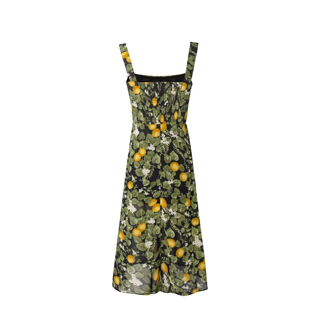 Summer Legal Women Clothing Sling Square Collar Fruit Printed Split Holiday Dress