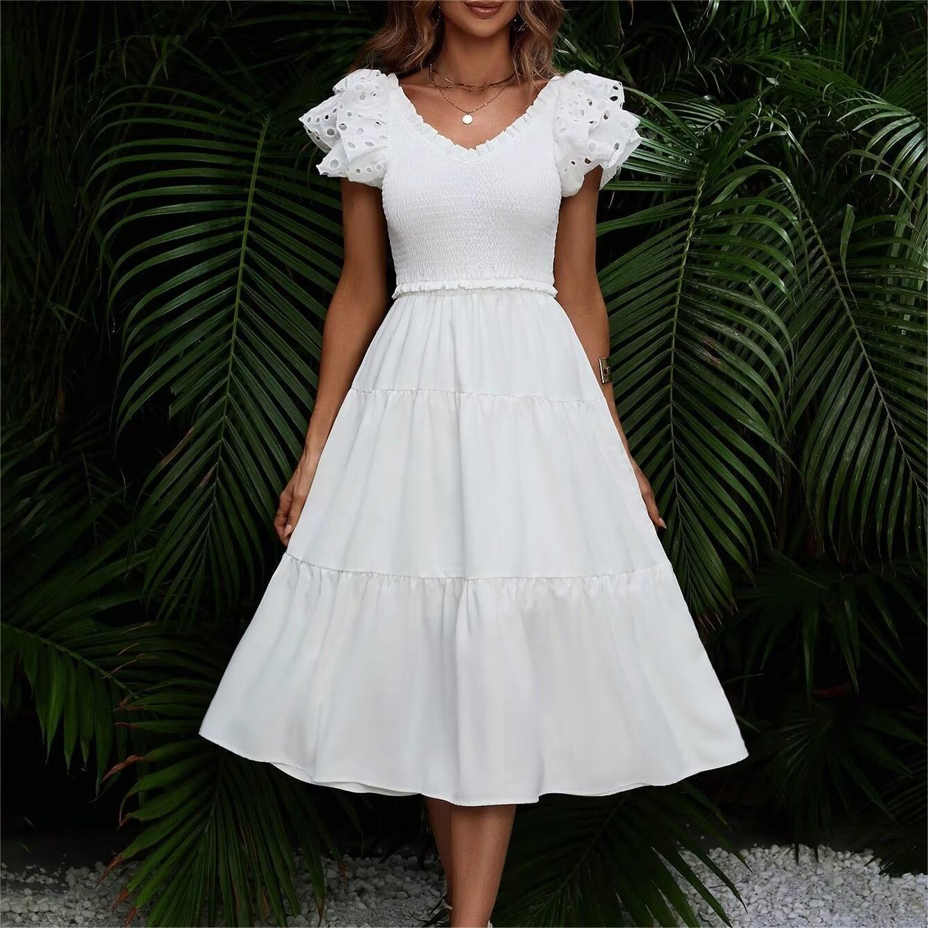 Spring Women Clothing Casual Simple Flying Sleeves Hollow Out Cutout Lace Dress