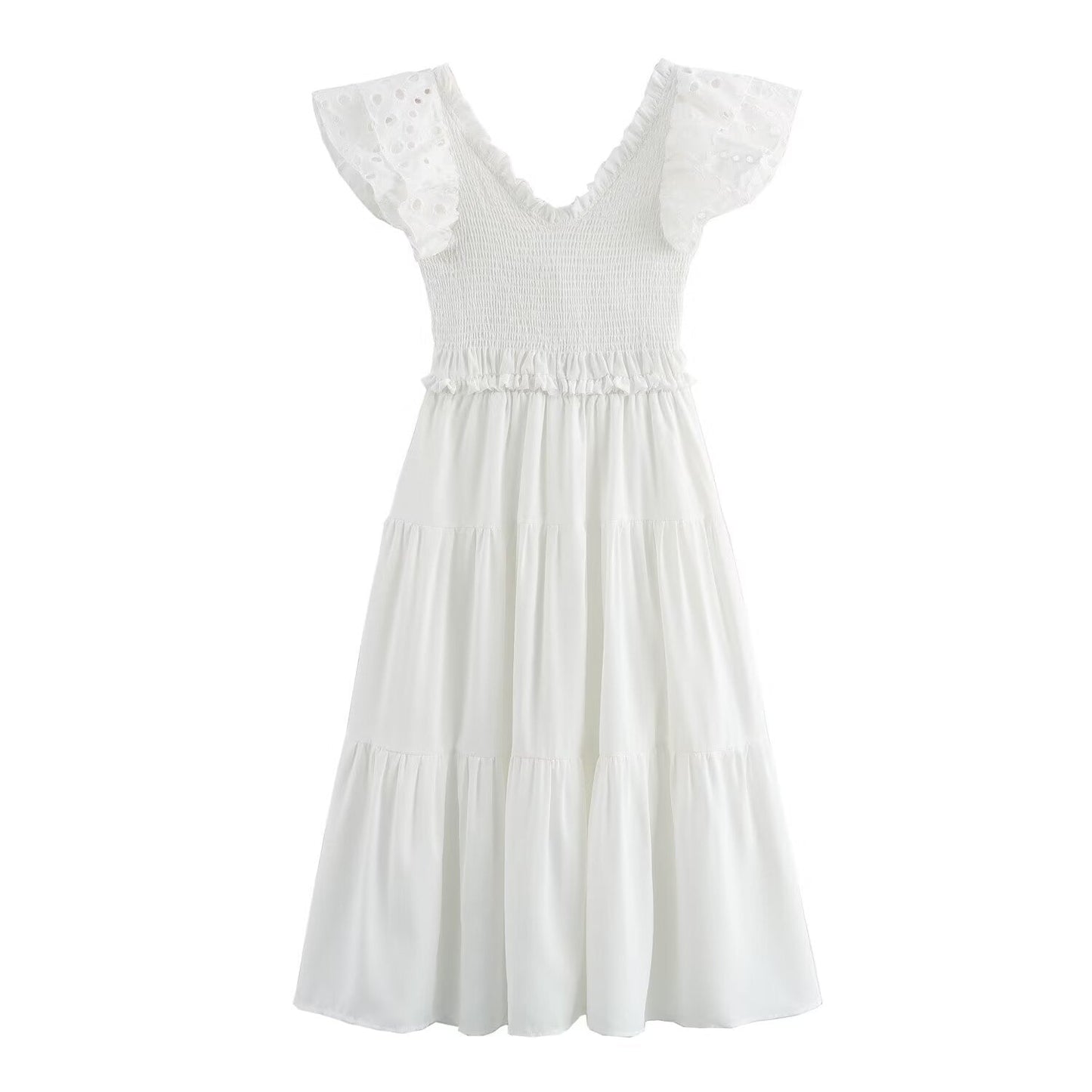 Spring Women Clothing Casual Simple Flying Sleeves Hollow Out Cutout Lace Dress