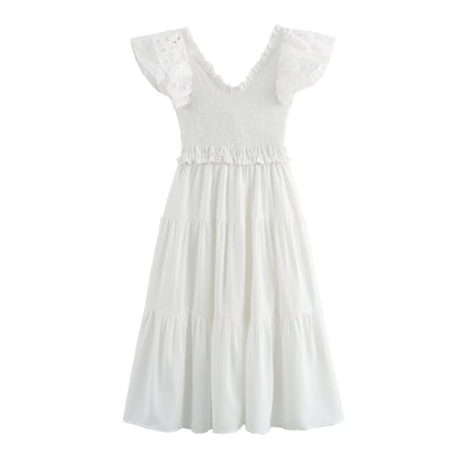 Spring Women Clothing Casual Simple Flying Sleeves Hollow Out Cutout Lace Dress