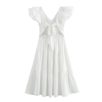 Spring Women Clothing Casual Simple Flying Sleeves Hollow Out Cutout Lace Dress