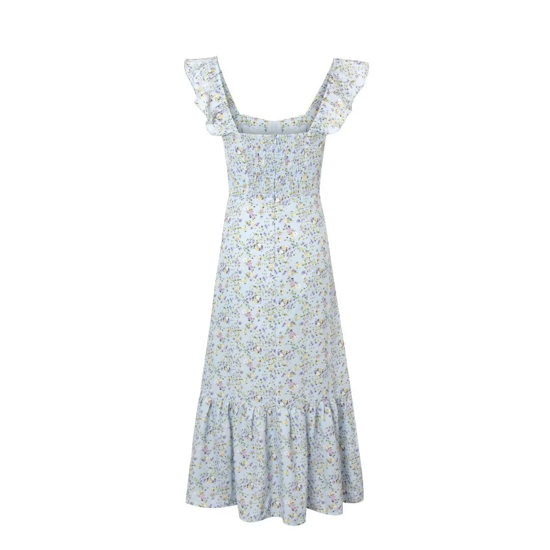 Fresh Sweet Floral Slim Fit Seaside Holiday Midi Dress Square Collar Wooden Ear Sleeveless Vest Dress Women