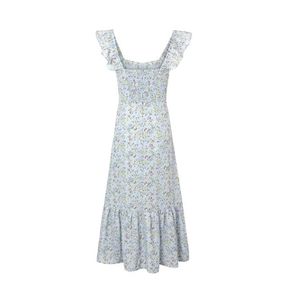 Fresh Sweet Floral Slim Fit Seaside Holiday Midi Dress Square Collar Wooden Ear Sleeveless Vest Dress Women