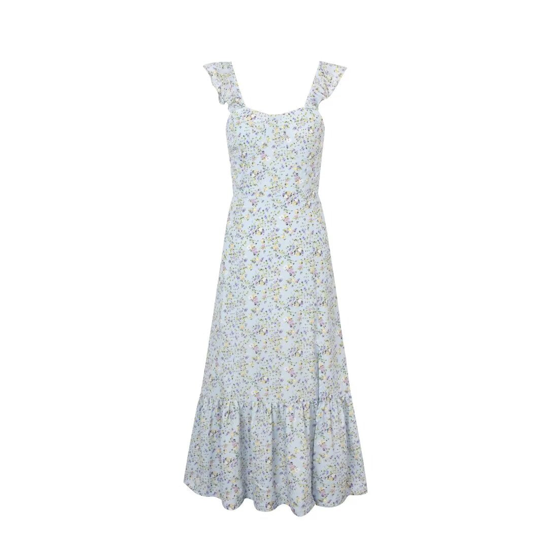 Fresh Sweet Floral Slim Fit Seaside Holiday Midi Dress Square Collar Wooden Ear Sleeveless Vest Dress Women