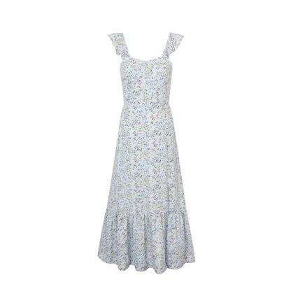 Fresh Sweet Floral Slim Fit Seaside Holiday Midi Dress Square Collar Wooden Ear Sleeveless Vest Dress Women