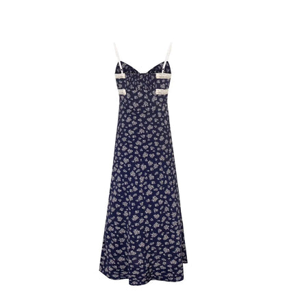 Sweet V neck Chest Lace up Color Matching Floral Strap Dress Women Summer Seaside Vacation Beach Dress