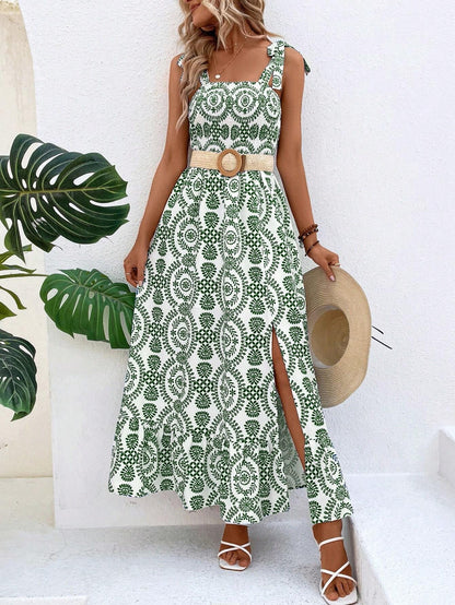 Women Clothing Summer Suspenders Printed Sleeveless Split Maxi Dress