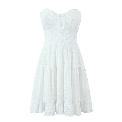 Spring French Pure White Butterfly Lace up Single Breasted Decorative Wrapped Chest Waist Lace Dress