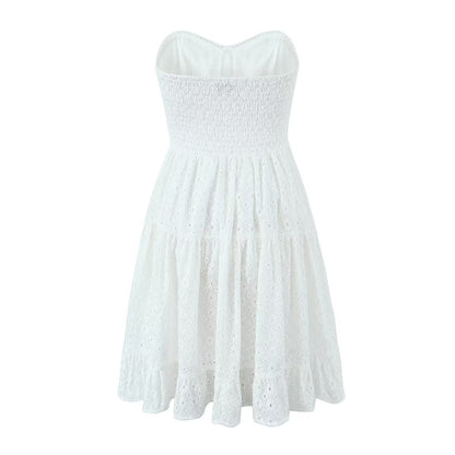 Spring French Pure White Butterfly Lace up Single Breasted Decorative Wrapped Chest Waist Lace Dress