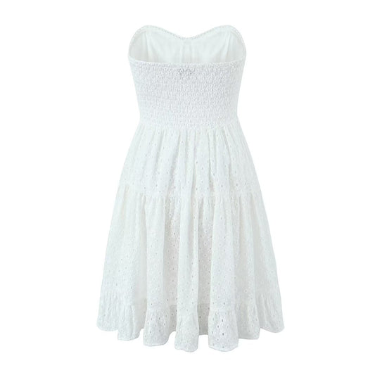 Spring French Pure White Butterfly Lace up Single Breasted Decorative Wrapped Chest Waist Lace Dress