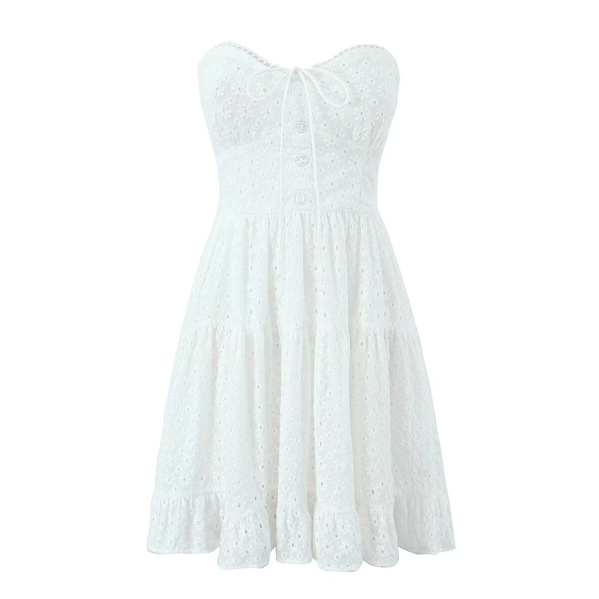 Spring French Pure White Butterfly Lace up Single Breasted Decorative Wrapped Chest Waist Lace Dress