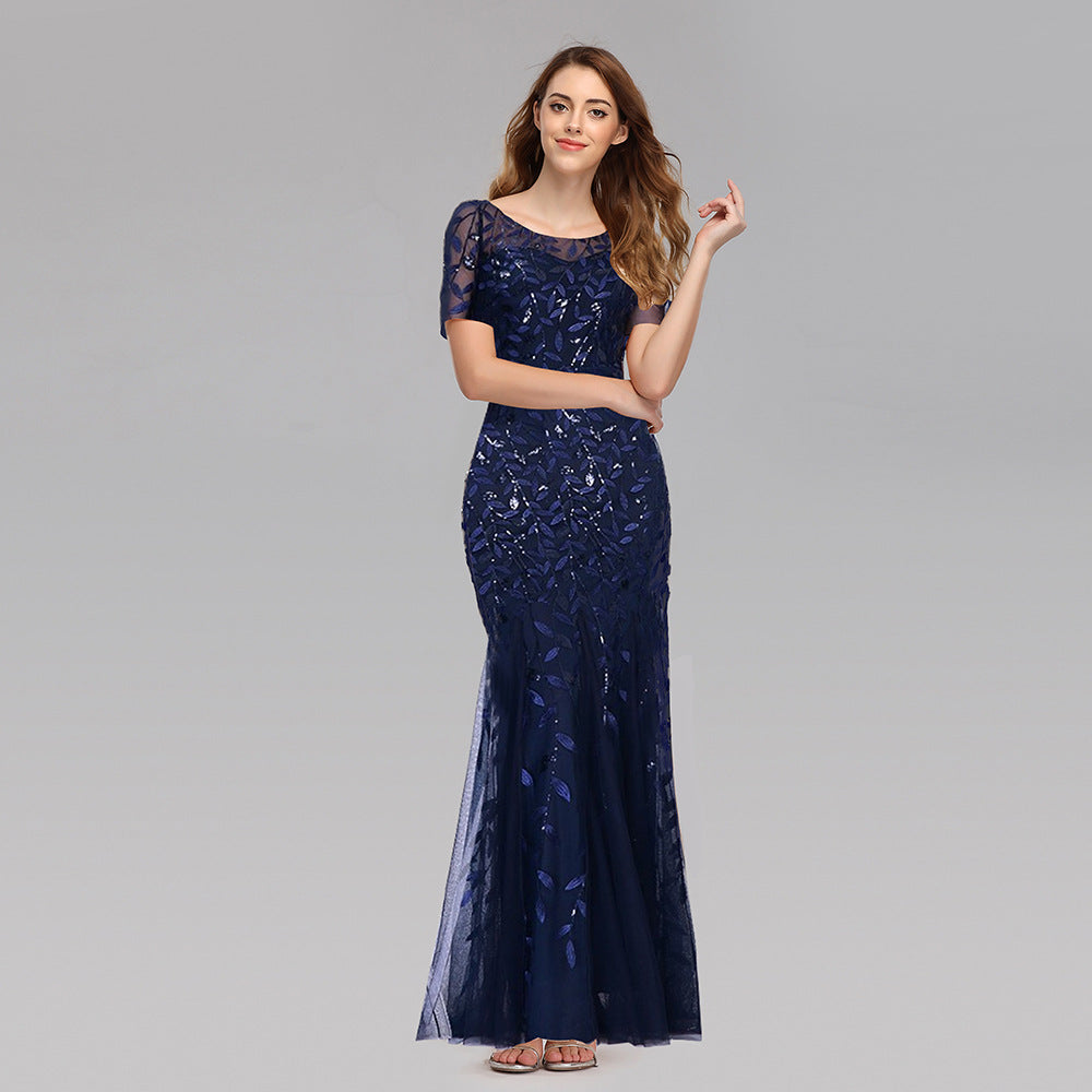 Summer Autumn Banquet Host Slim Mesh Sequ Evening Dress Fishtail Dress for Women