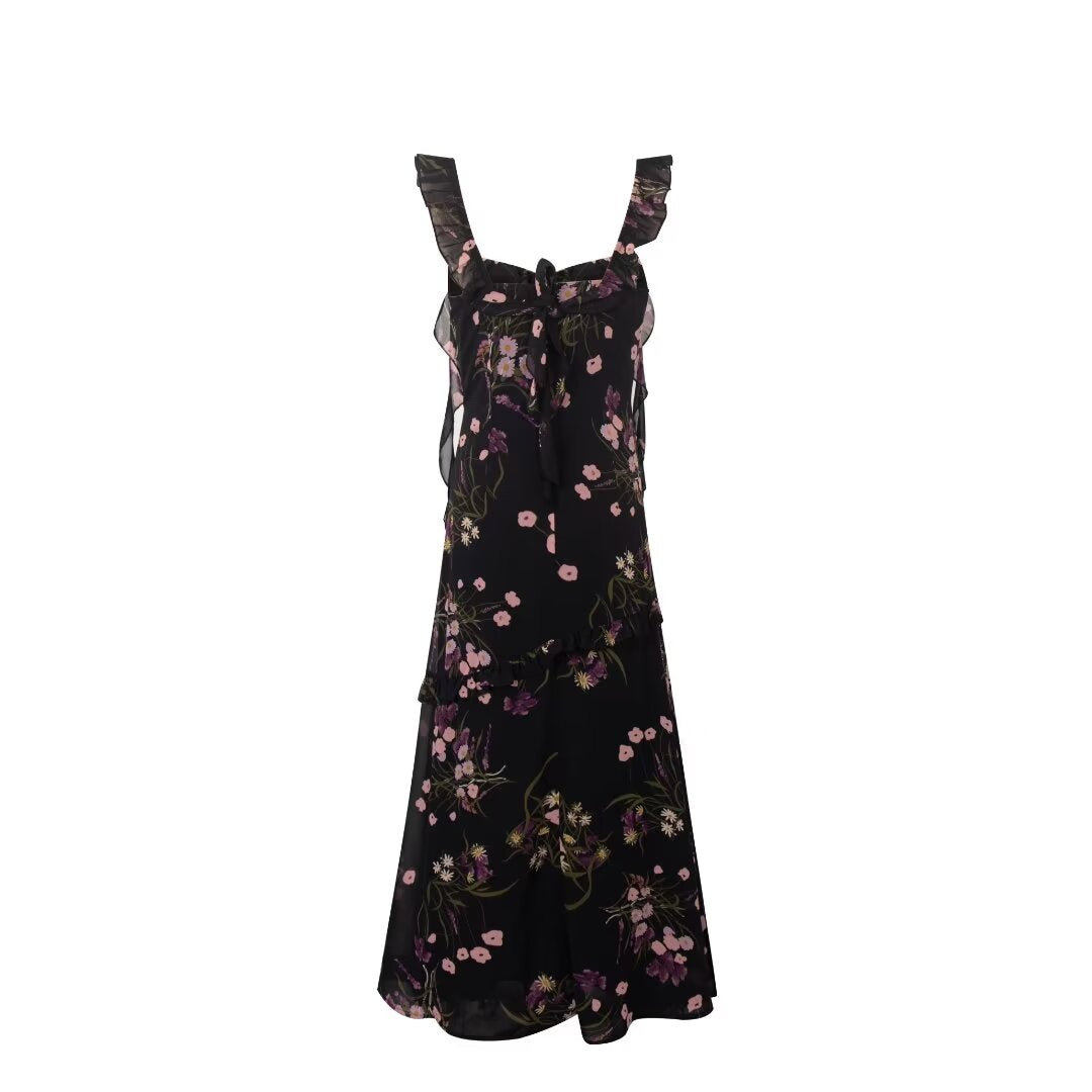 Printed Ruffled Suspender Summer Waist Controlled Lace up Slim Mid Length A line Dress