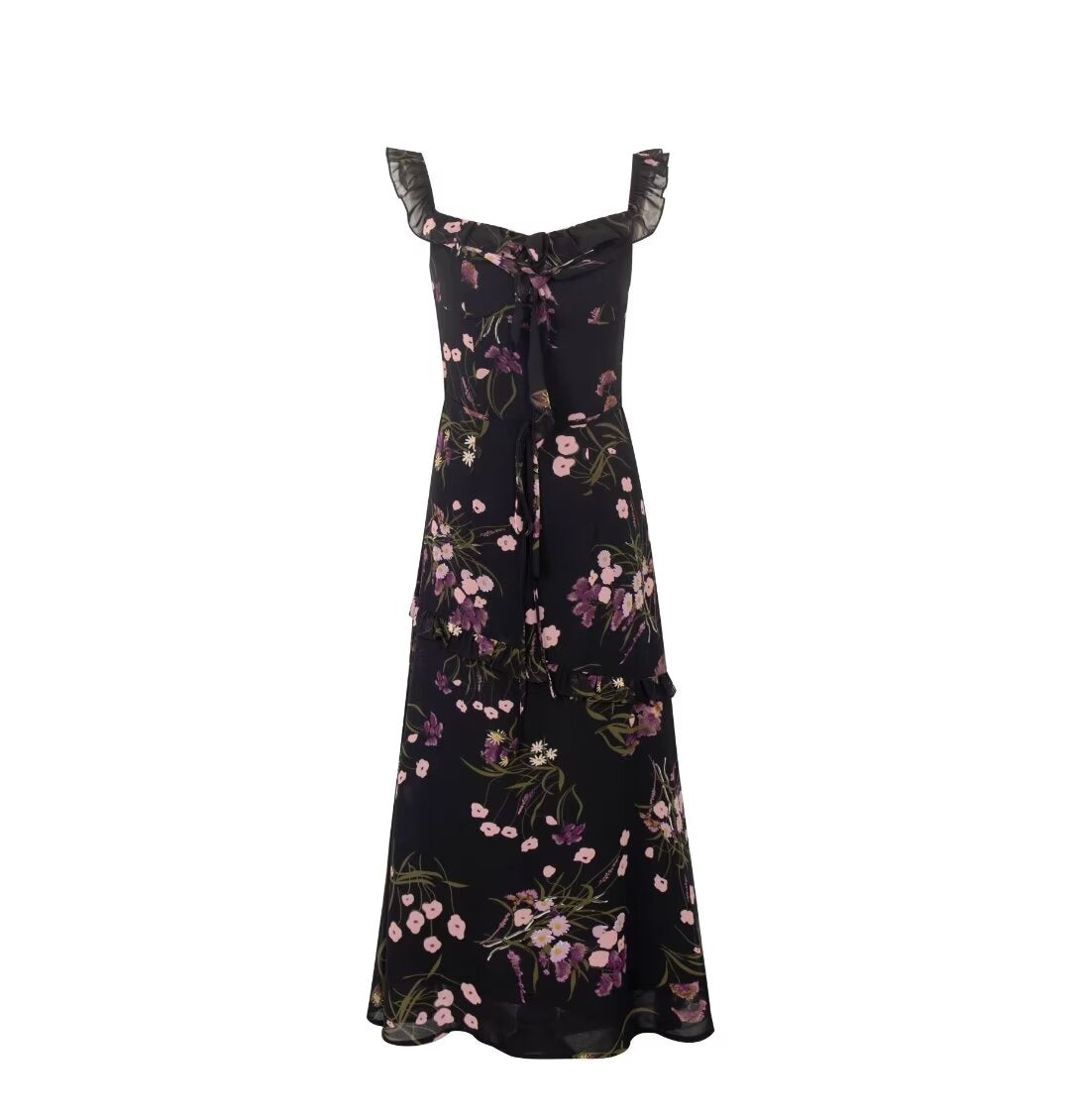 Printed Ruffled Suspender Summer Waist Controlled Lace up Slim Mid Length A line Dress